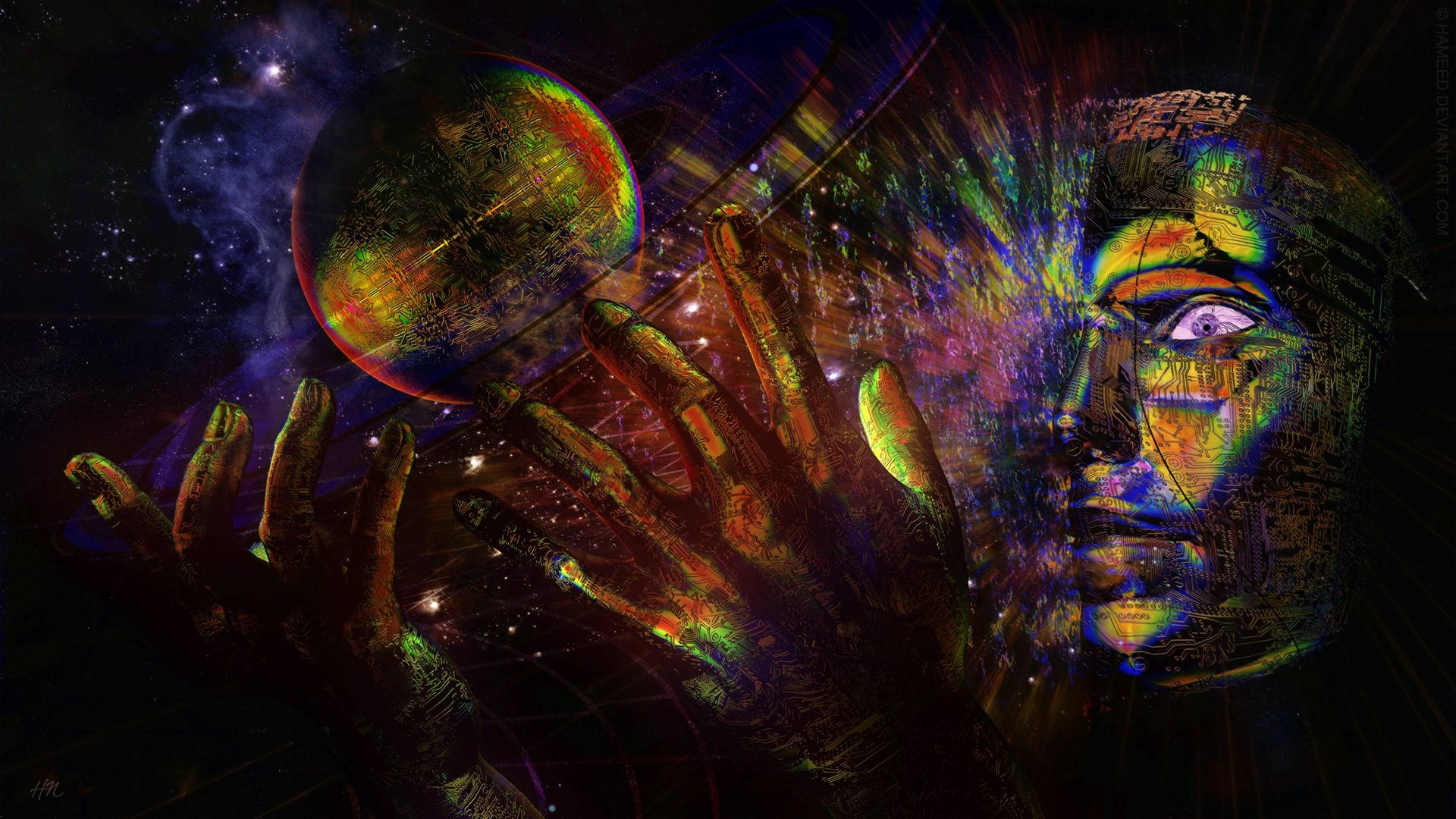 A Psychedelic Portrait Of A Surrealistic Face Background