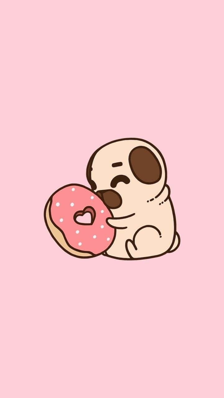 A Pug Dog Eating A Donut On A Pink Background Background