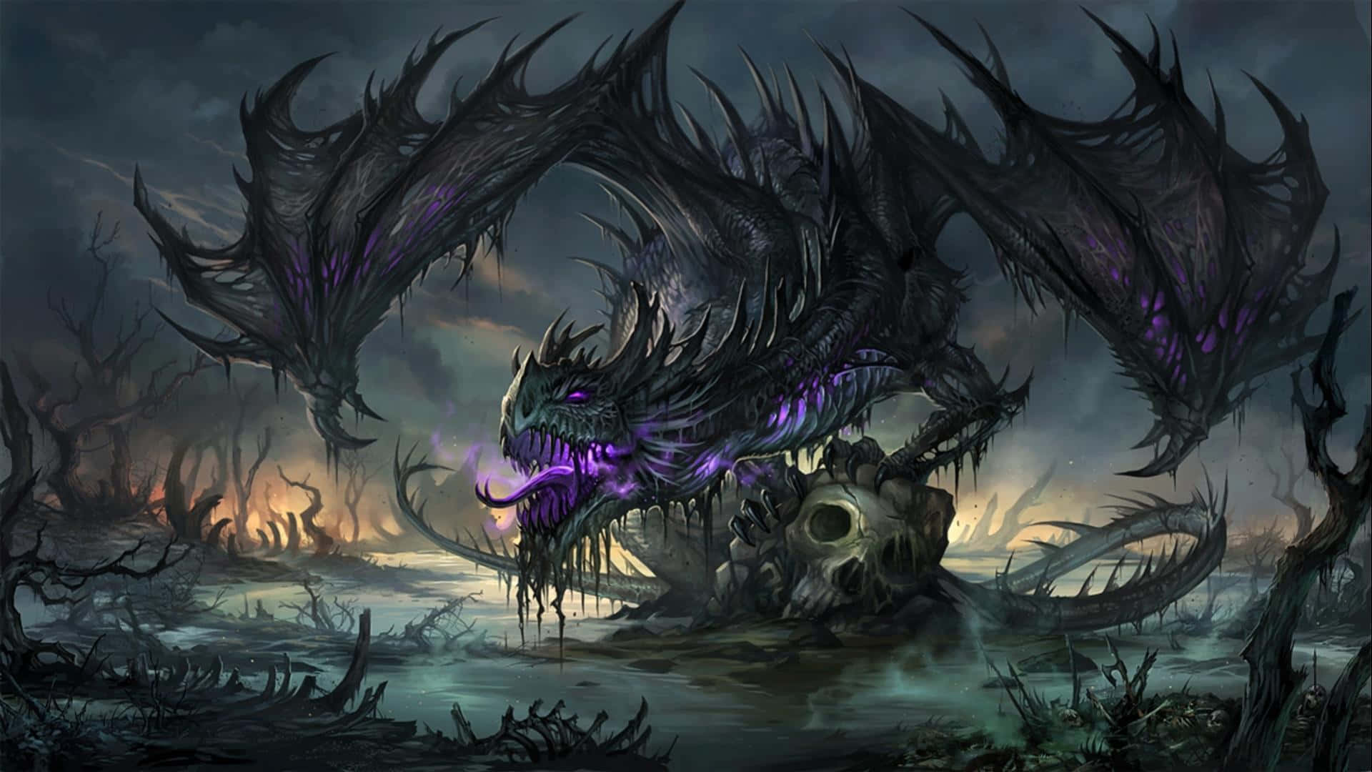 A Purple And Black Dragon In The Water Background