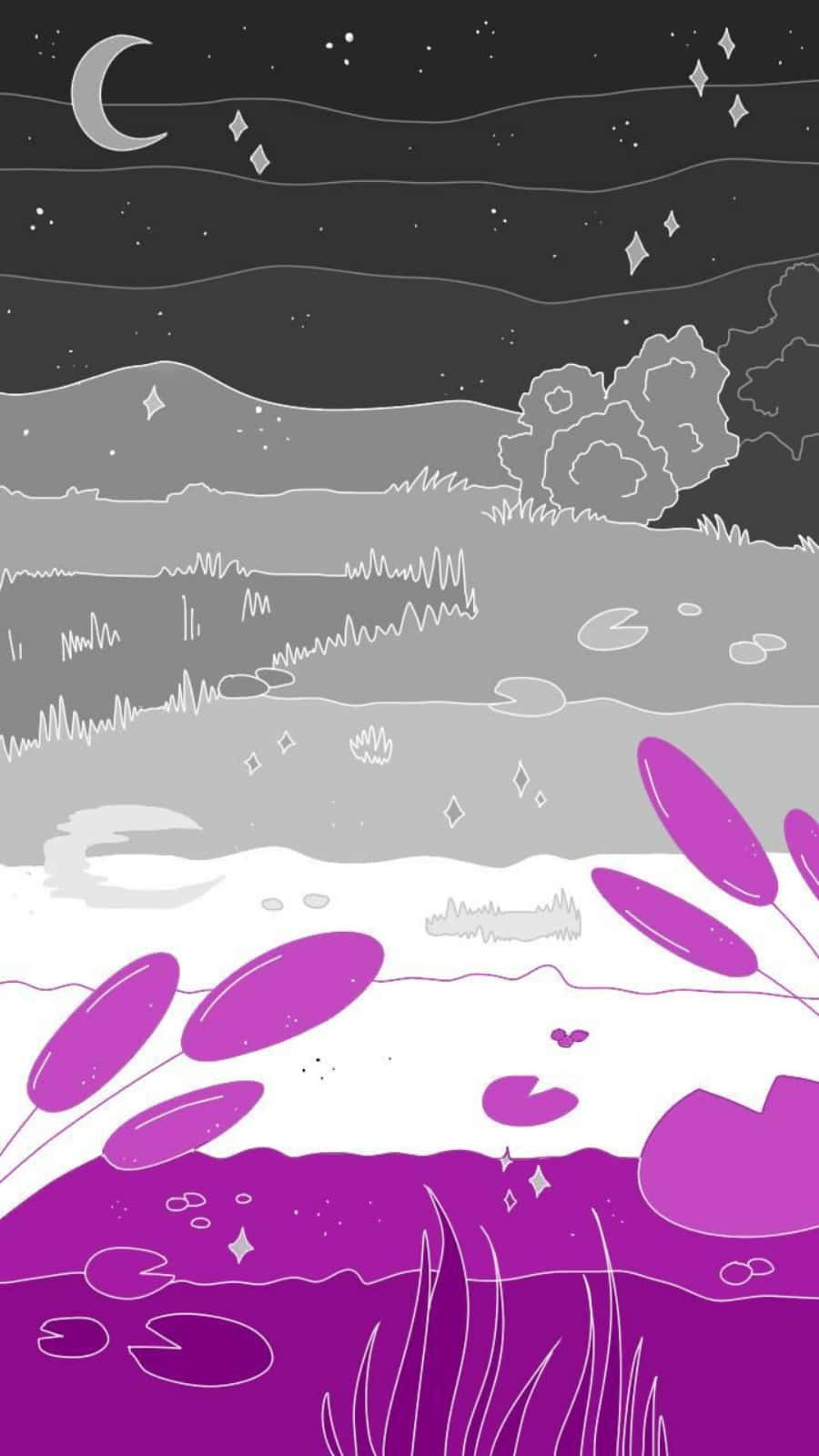 A Purple And Black Night Scene With A Moon And Stars Background