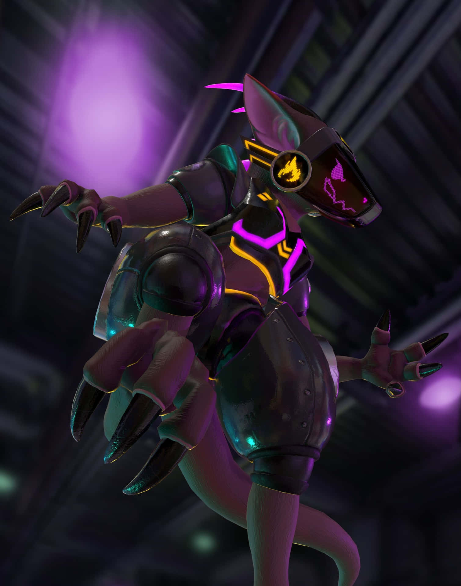 A Purple And Black Rat In A Futuristic Setting Background