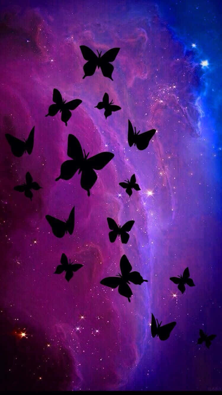 A Purple And Blue Background With Butterflies Flying In The Sky Background