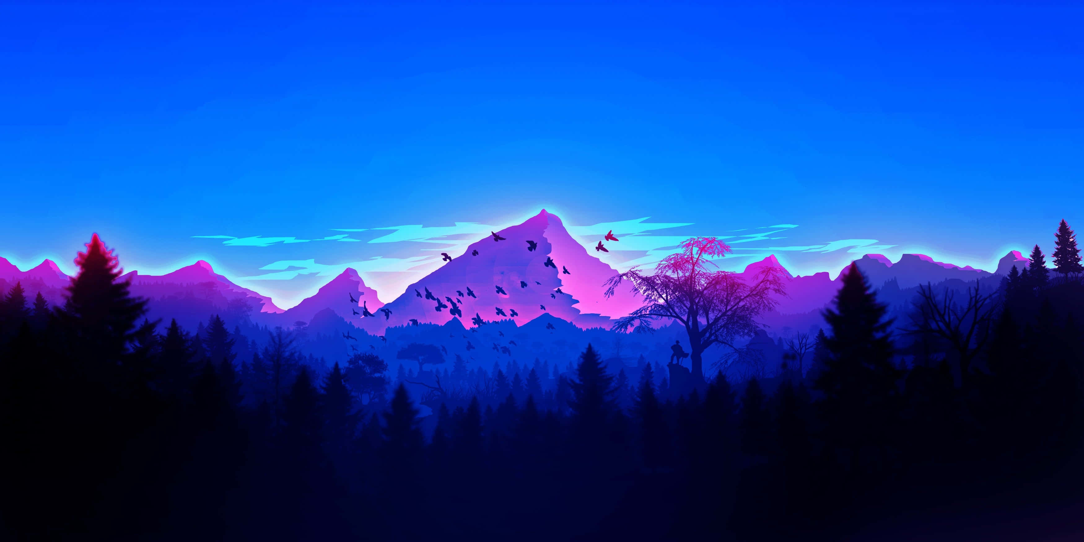 A Purple And Blue Mountain Landscape With Trees Background