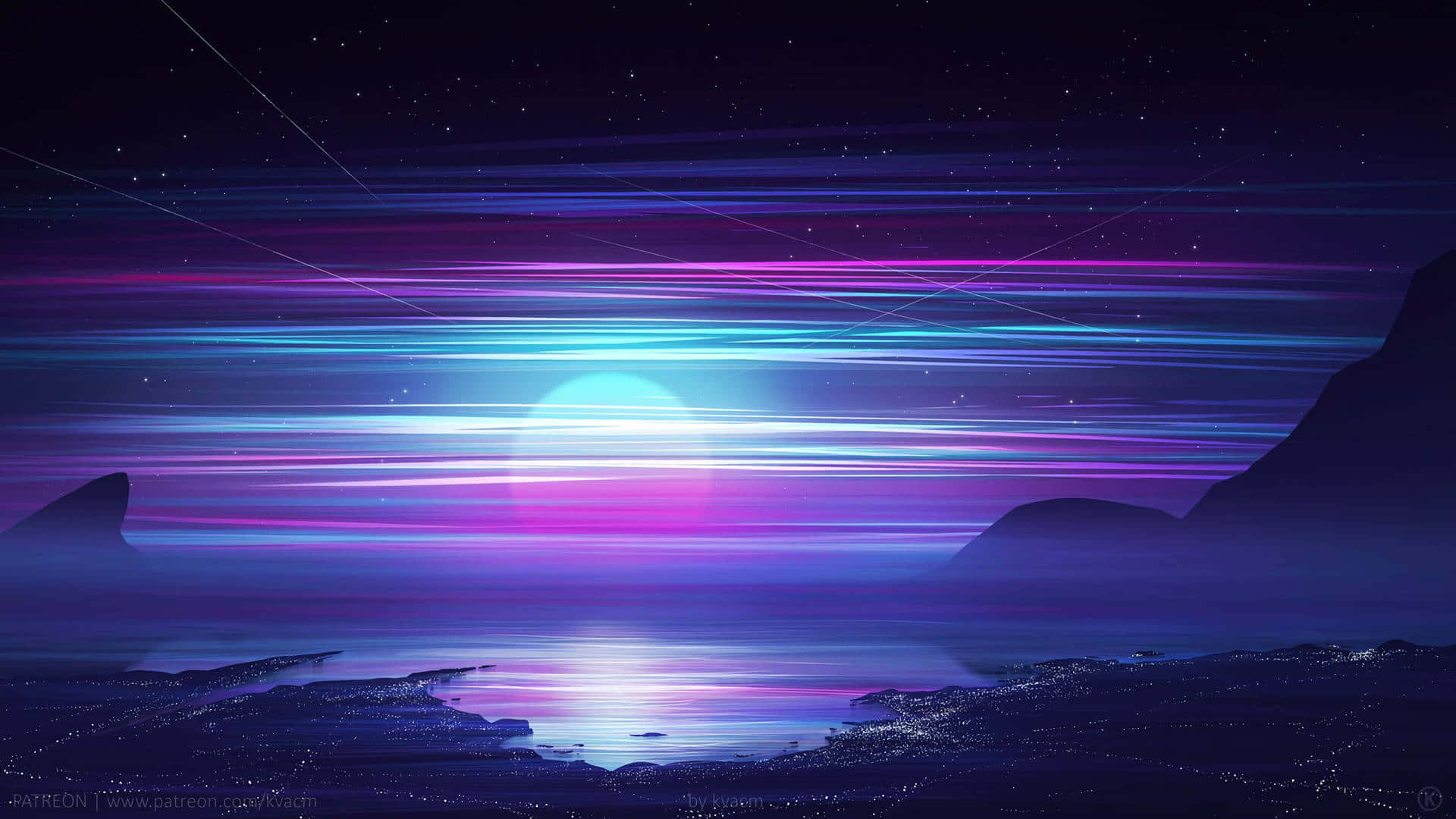 A Purple And Blue Sky With A Moon And Stars Background