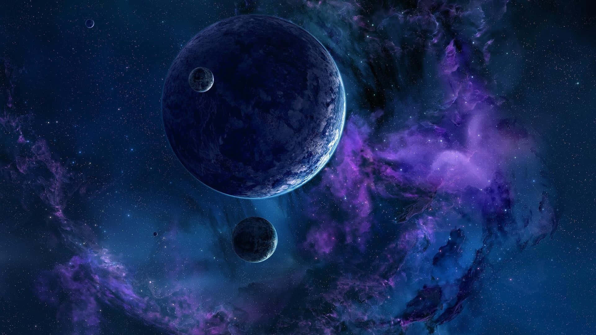 A Purple And Blue Space With Planets And Stars Background