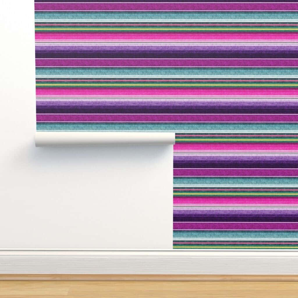 A Purple And Blue Striped Wallpaper In A Room Background