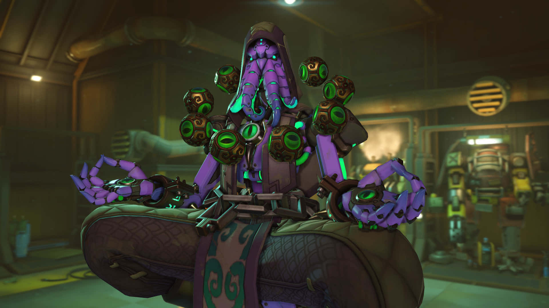 A Purple And Green Character Sitting In A Room Background