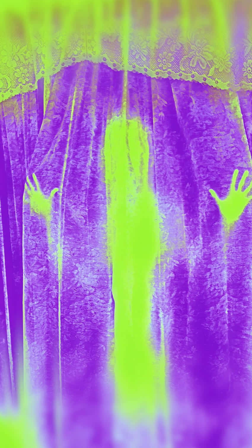 A Purple And Green Image Of A Woman With Her Hands Out Background