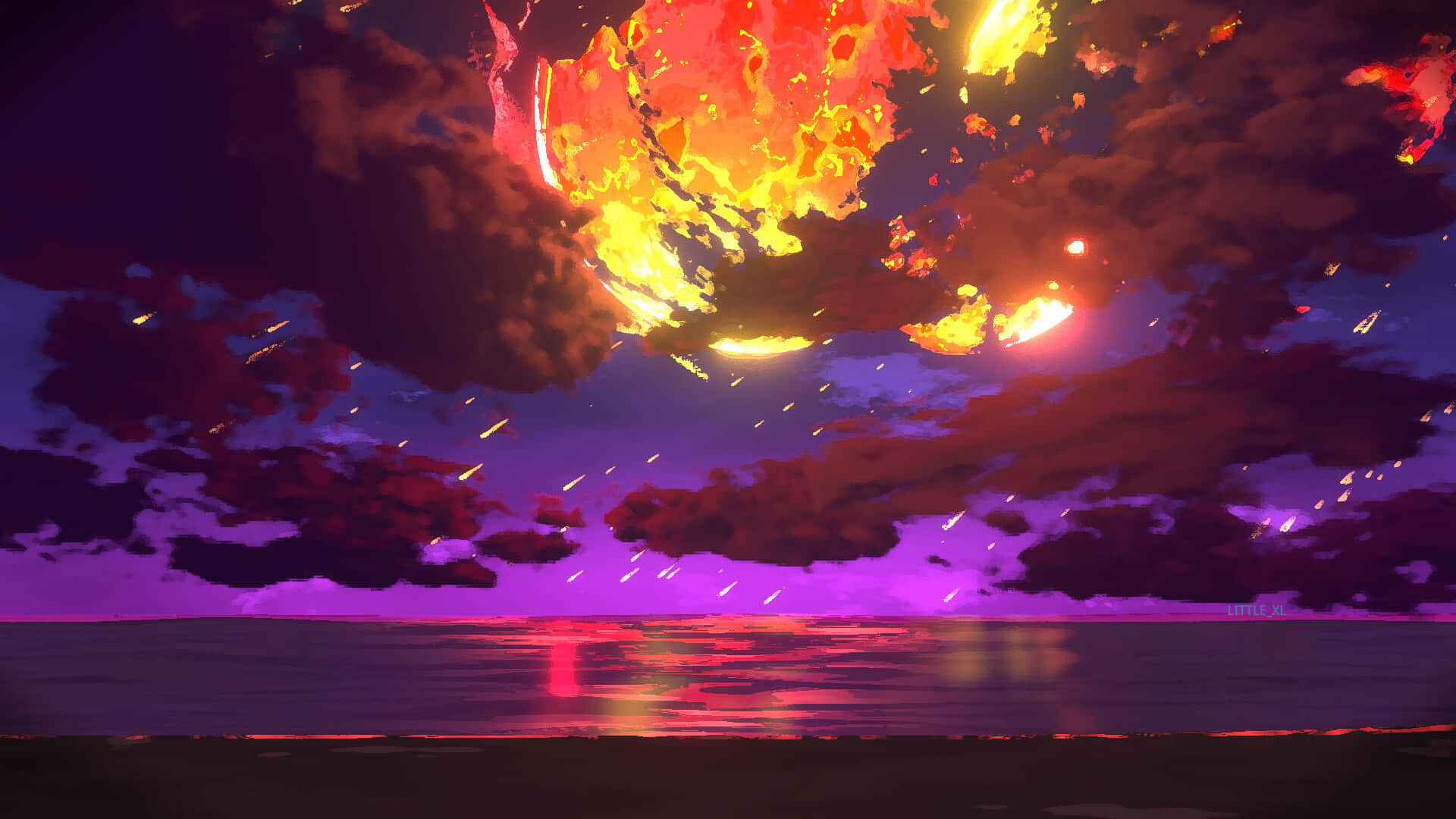 A Purple And Orange Sky With A Fire In The Background Background