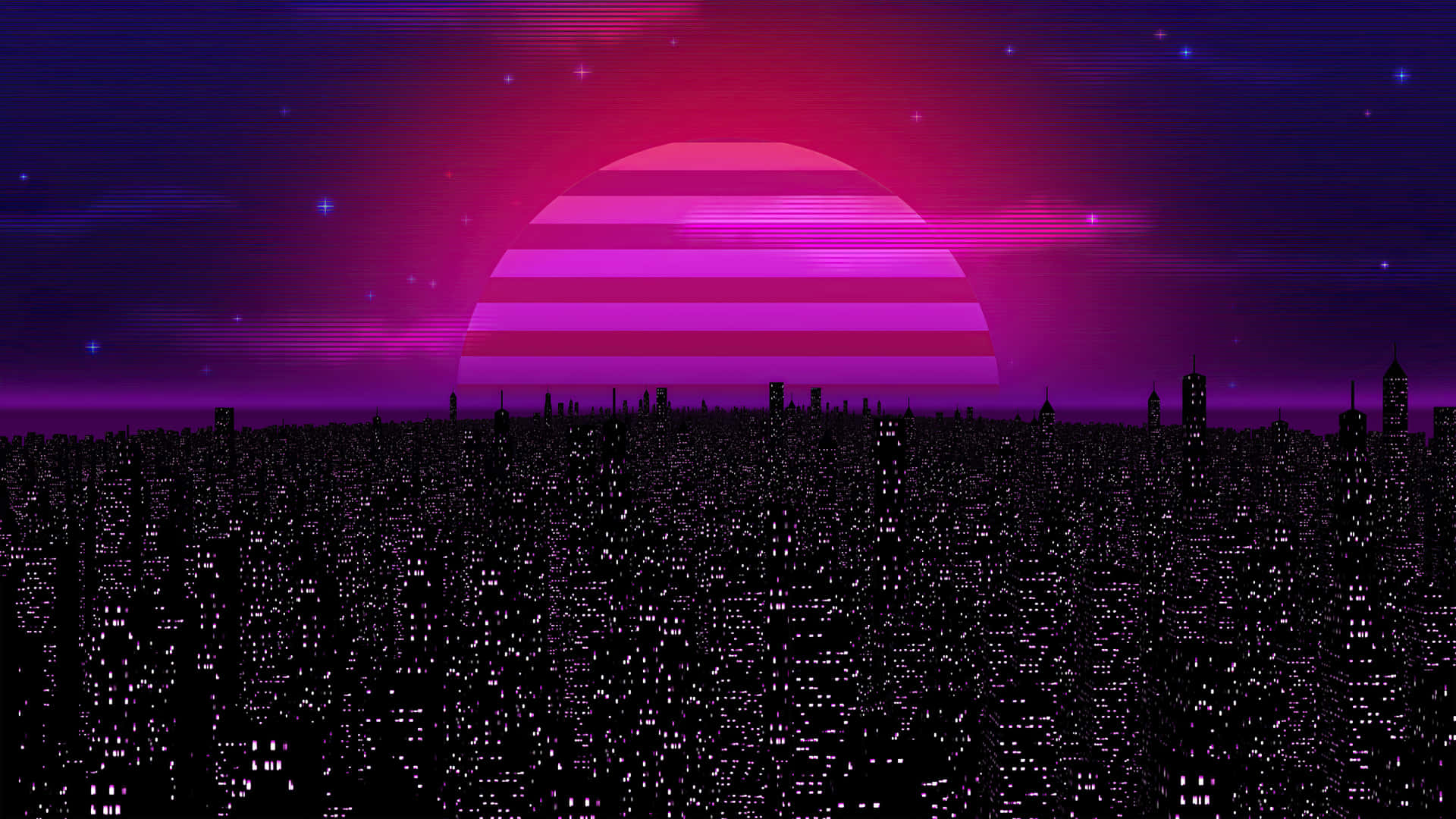 A Purple And Pink Cityscape With A Purple Sun Background
