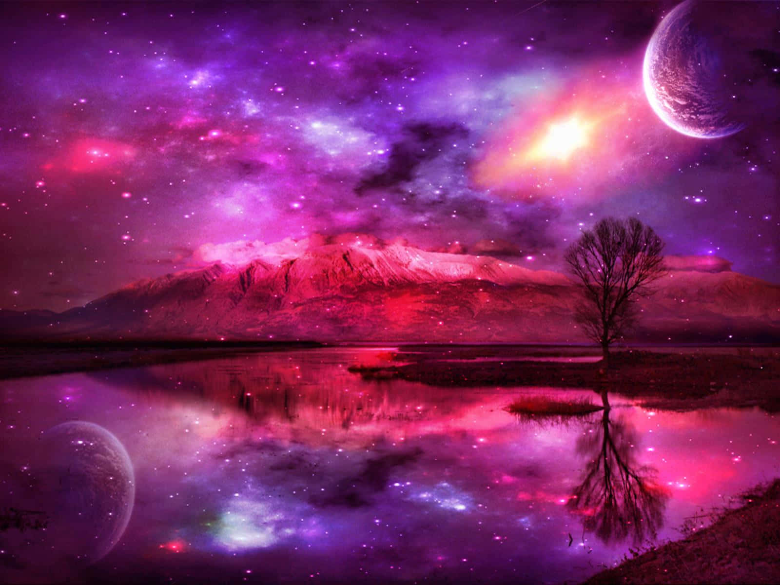 A Purple And Pink Galaxy With A Tree And A Lake Background