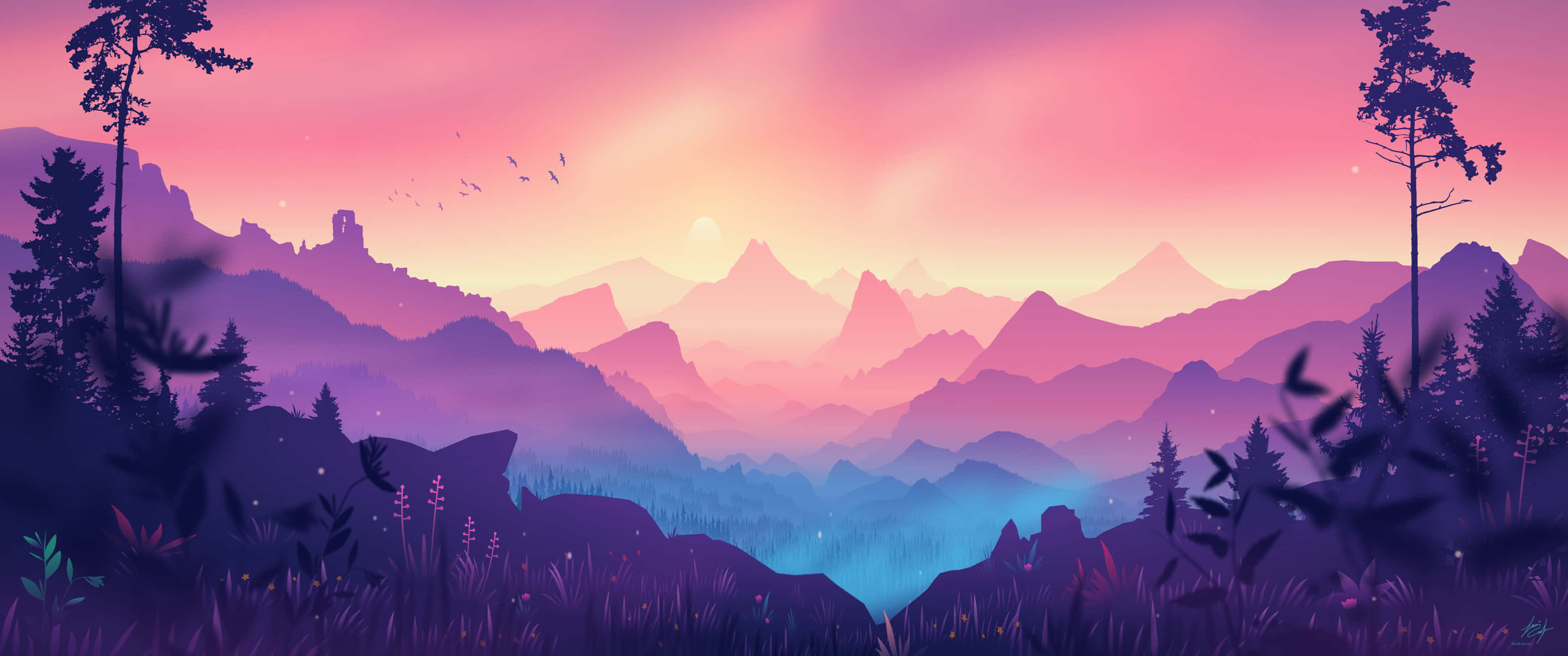 A Purple And Pink Landscape With Mountains And Trees Background