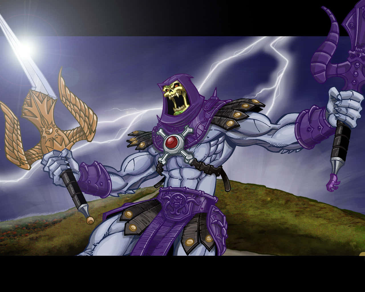 A Purple And Purple Character With A Sword And Lightning Background