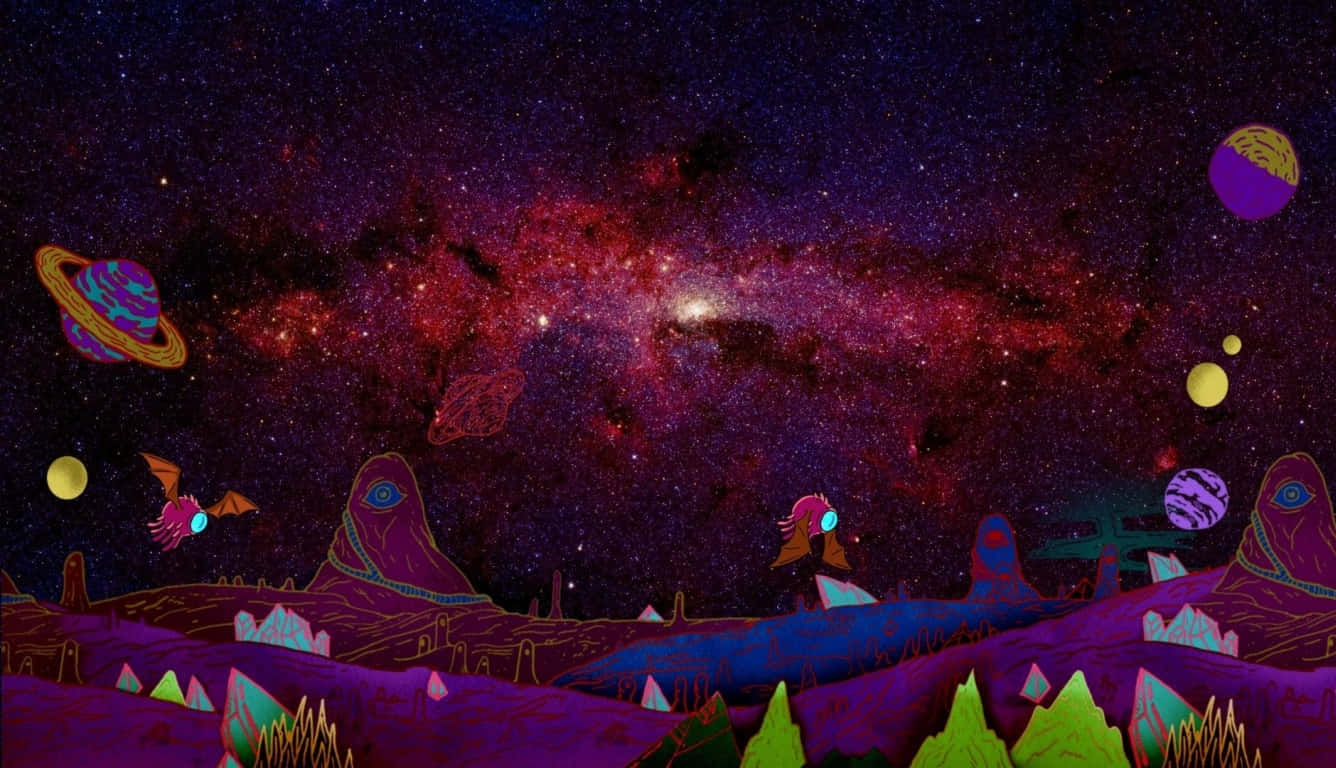 A Purple And Purple Landscape With Planets And Stars Background