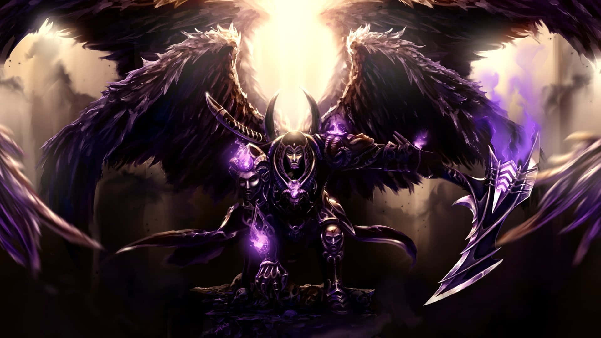 A Purple Angel With Wings And A Sword Background