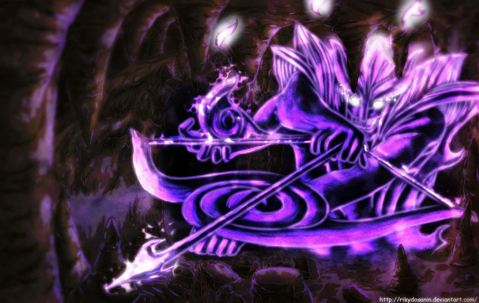 A Purple Demon With A Sword In The Cave Background