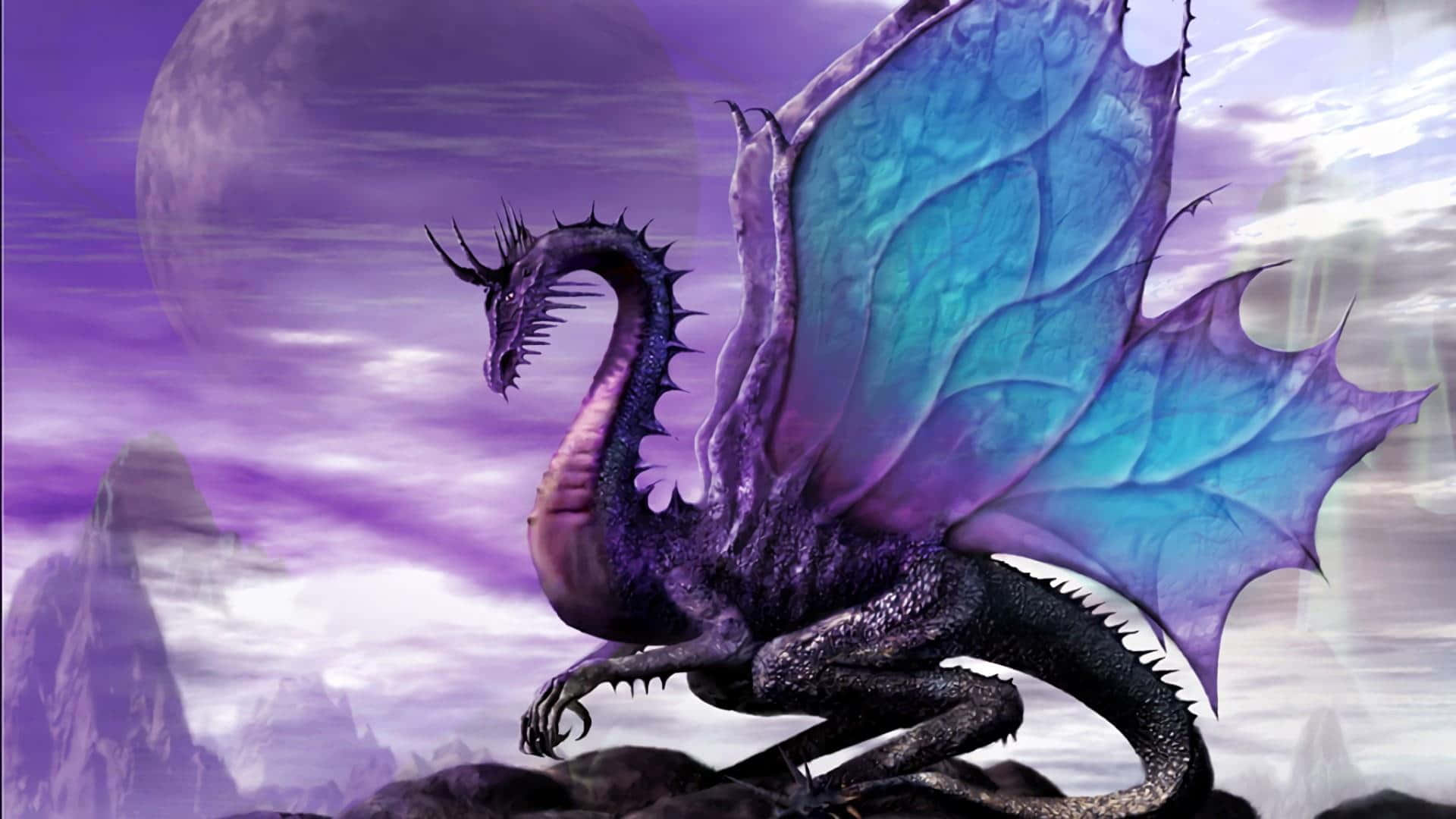 A Purple Dragon With Wings Flying In The Sky