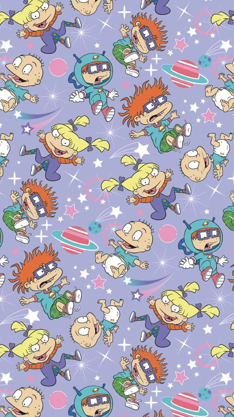 A Purple Fabric With Cartoon Characters On It