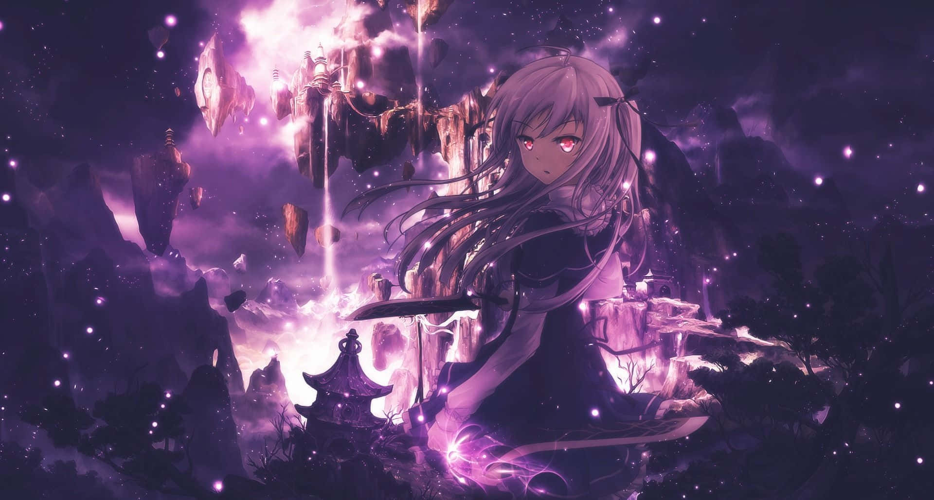 A Purple-haired Anime Girl Gazing Into The Distance Background