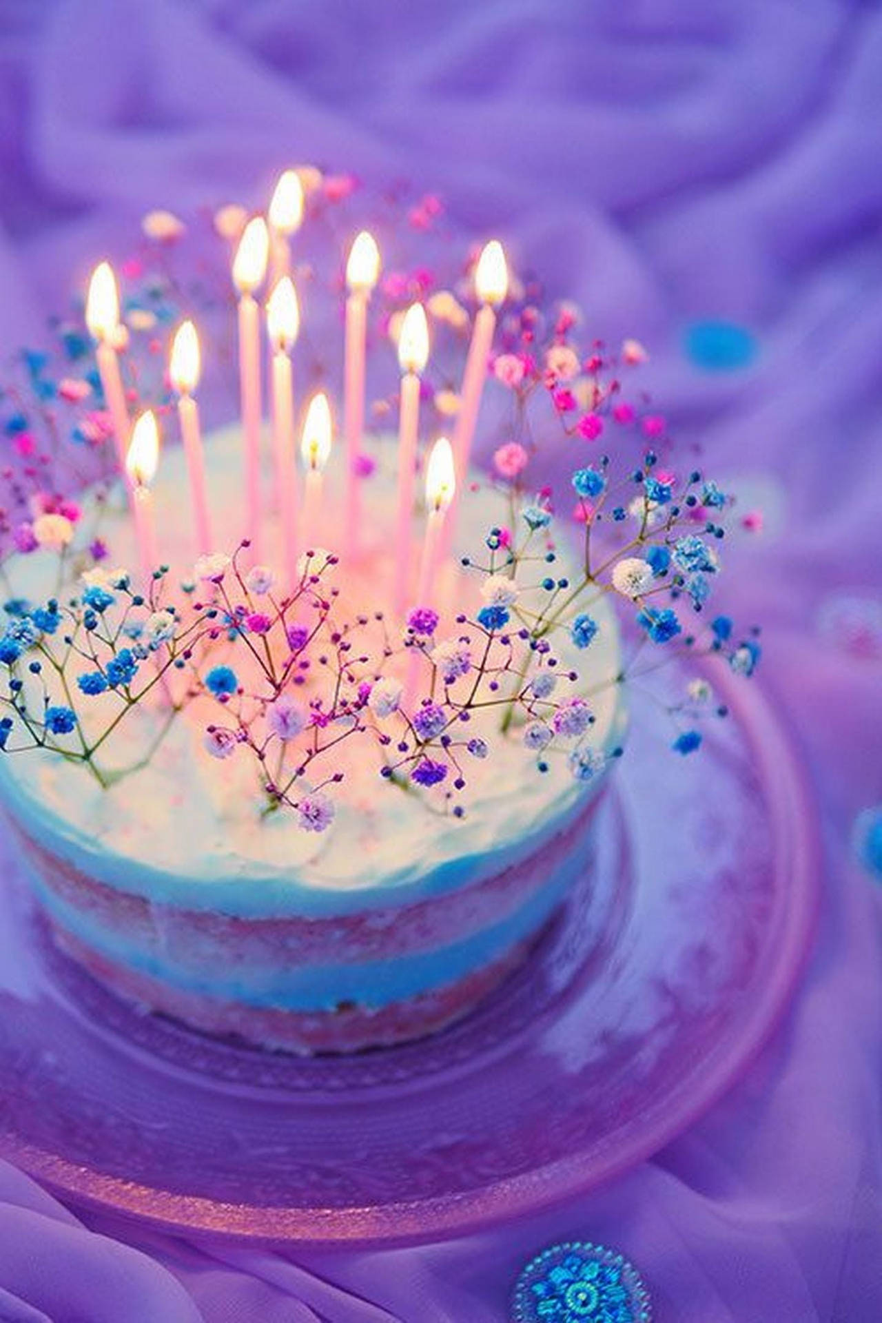 A Purple My Birthday Cake With Flowers Background