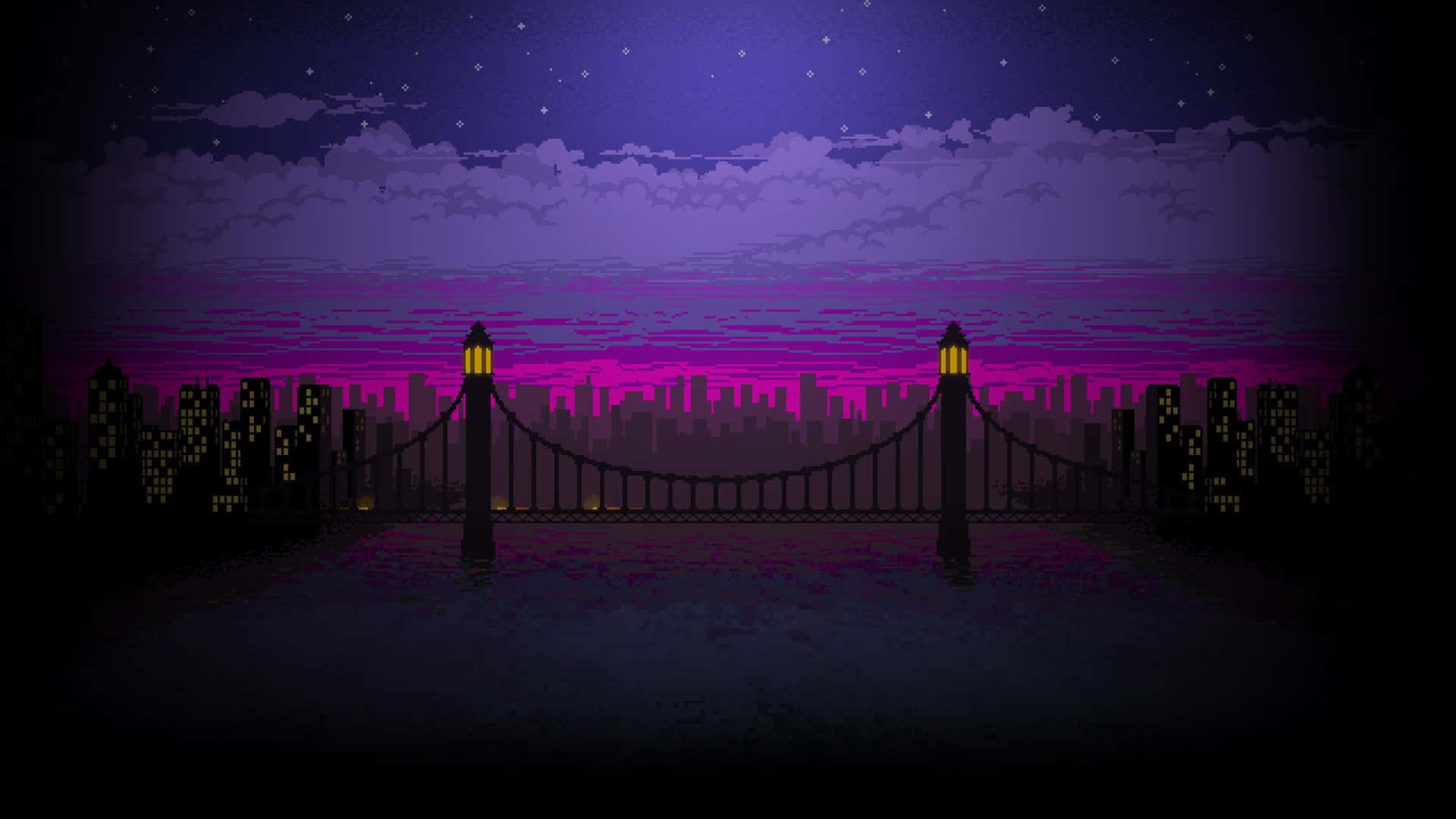 A Purple Night Sky With A Bridge And City Lights Background