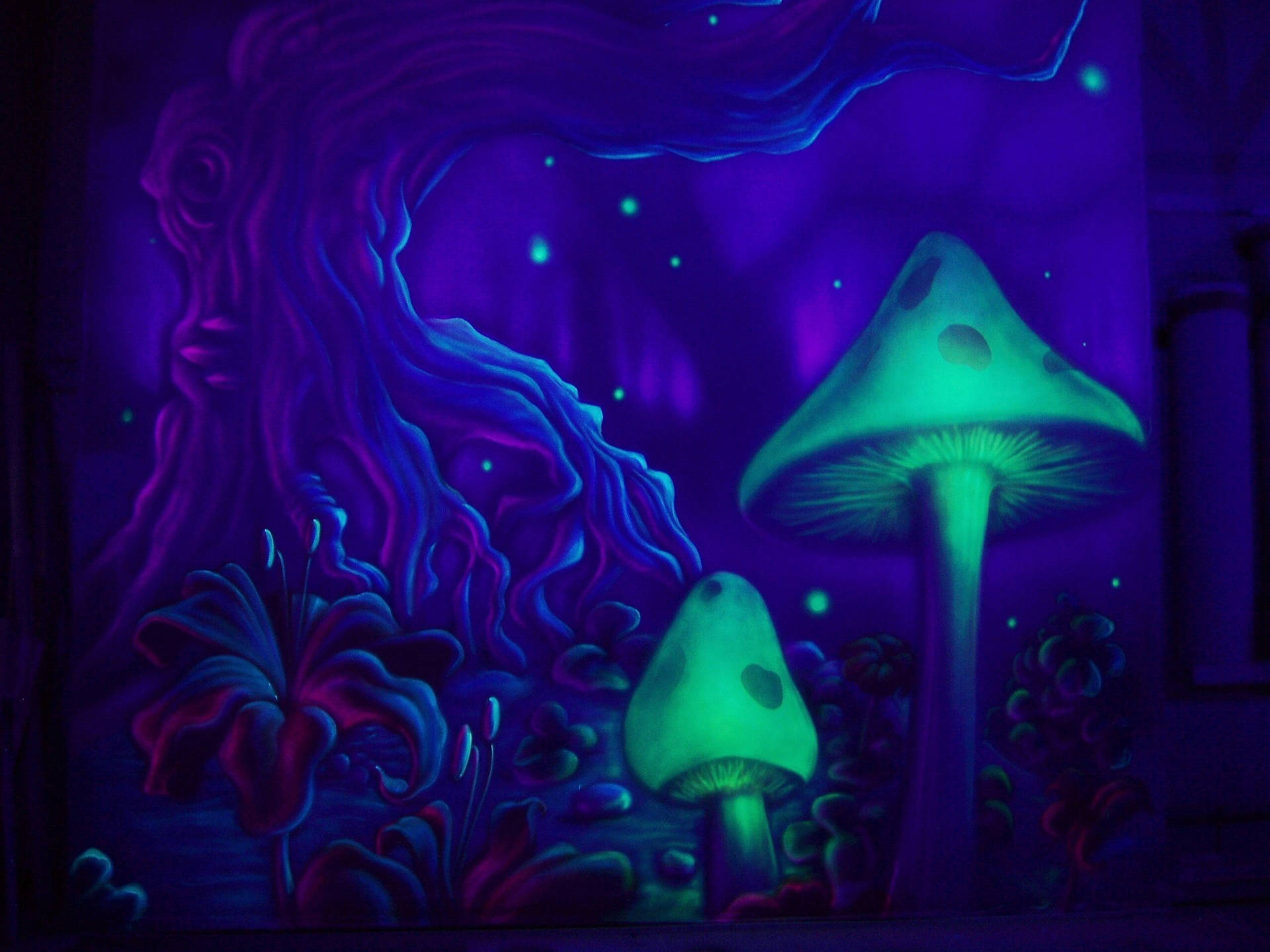 A Purple Painting With Mushrooms And Trees