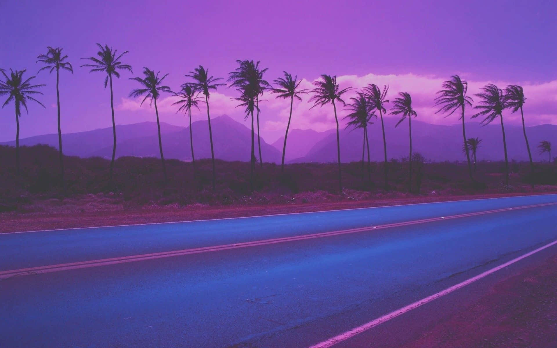 A Purple Road With Palm Trees And Mountains Background