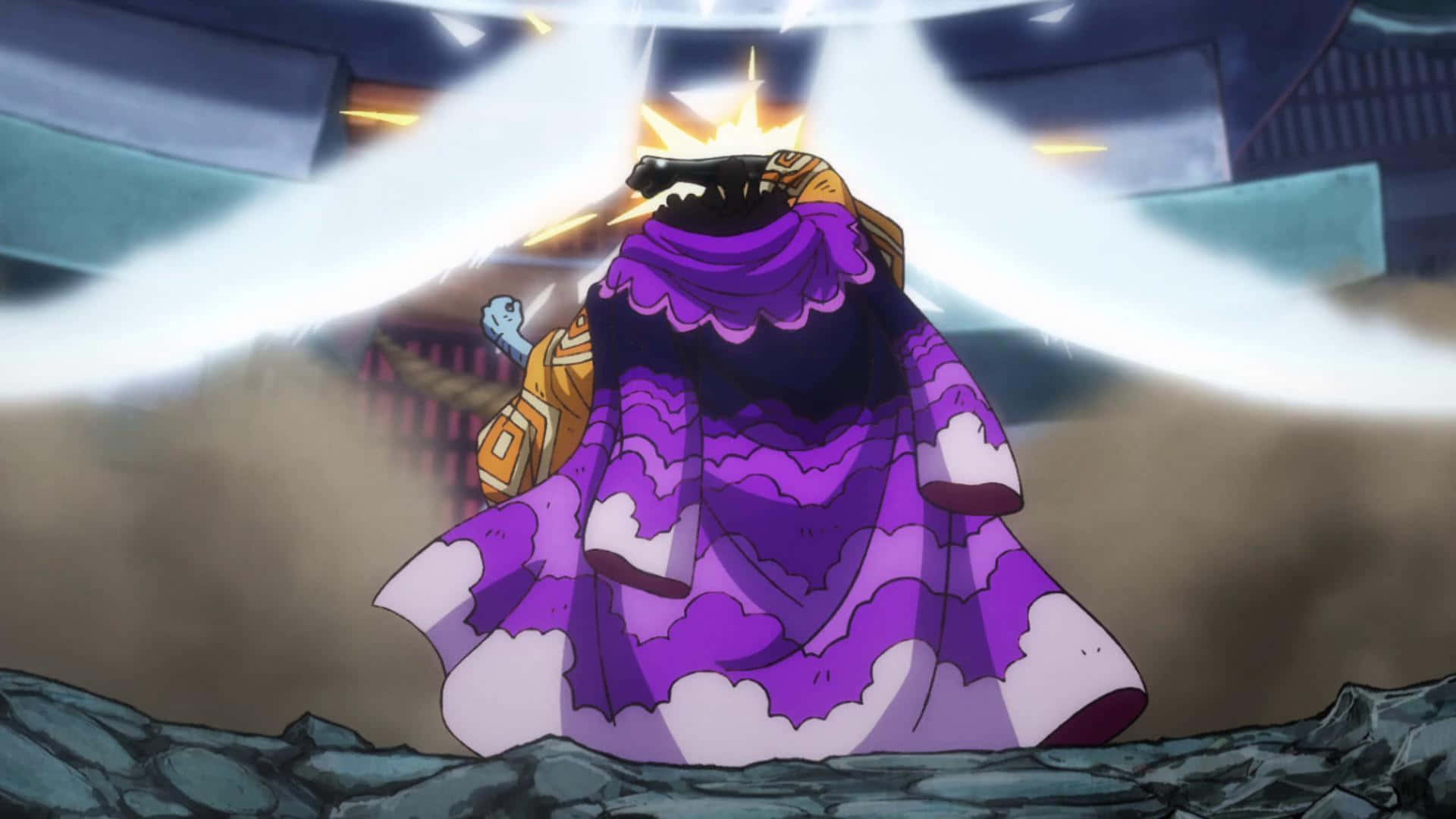 A Purple Robed Man Standing In A Cave Background