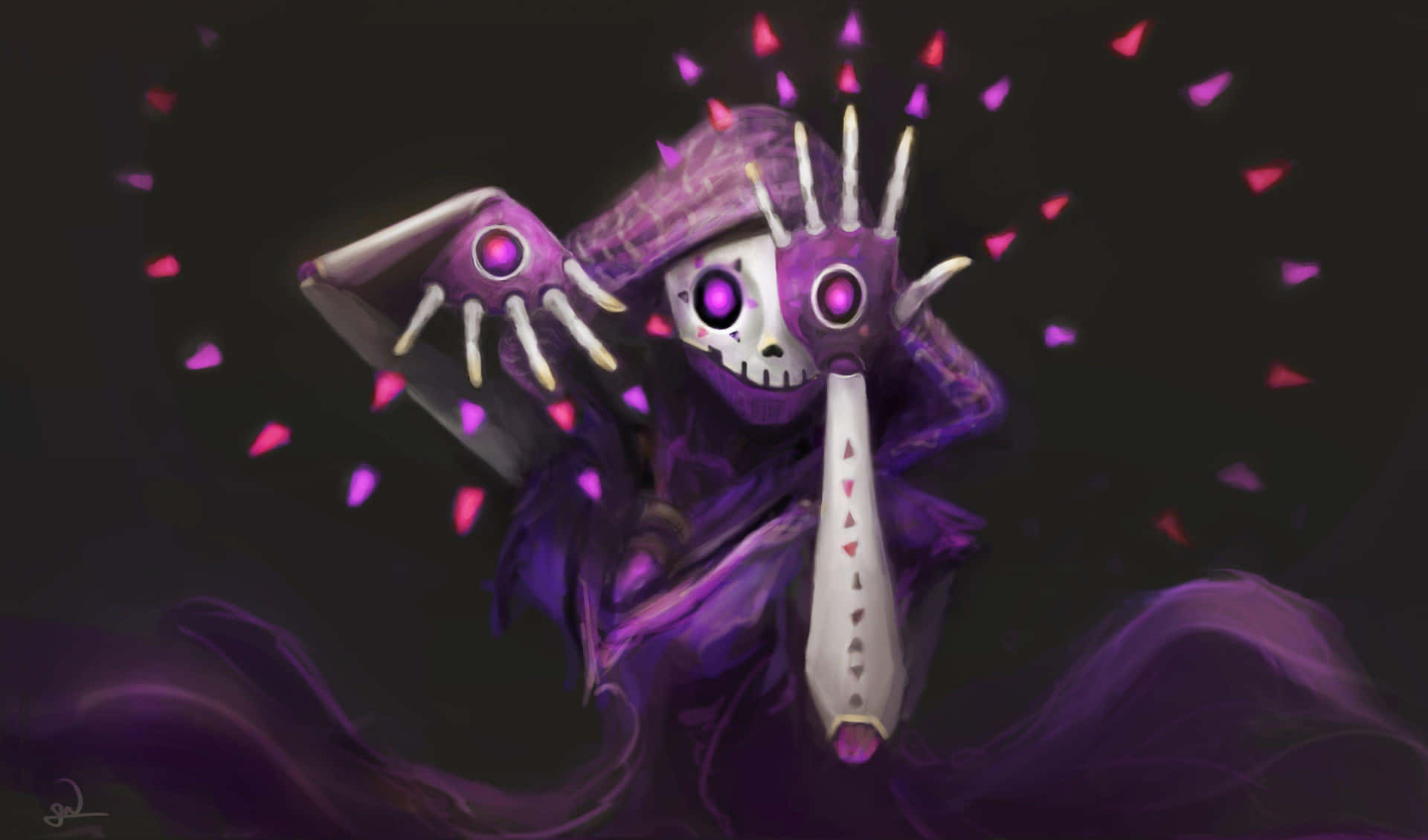 A Purple Skeleton With Purple Eyes And Purple Hair Background