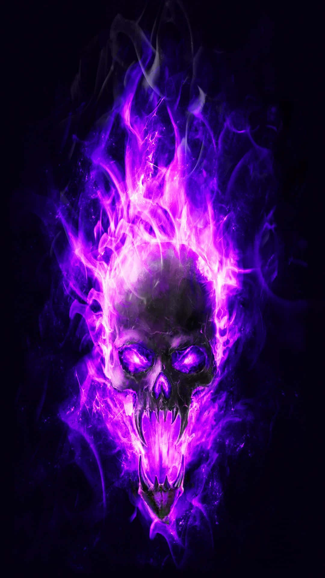 A Purple Skull With Flames On A Black Background