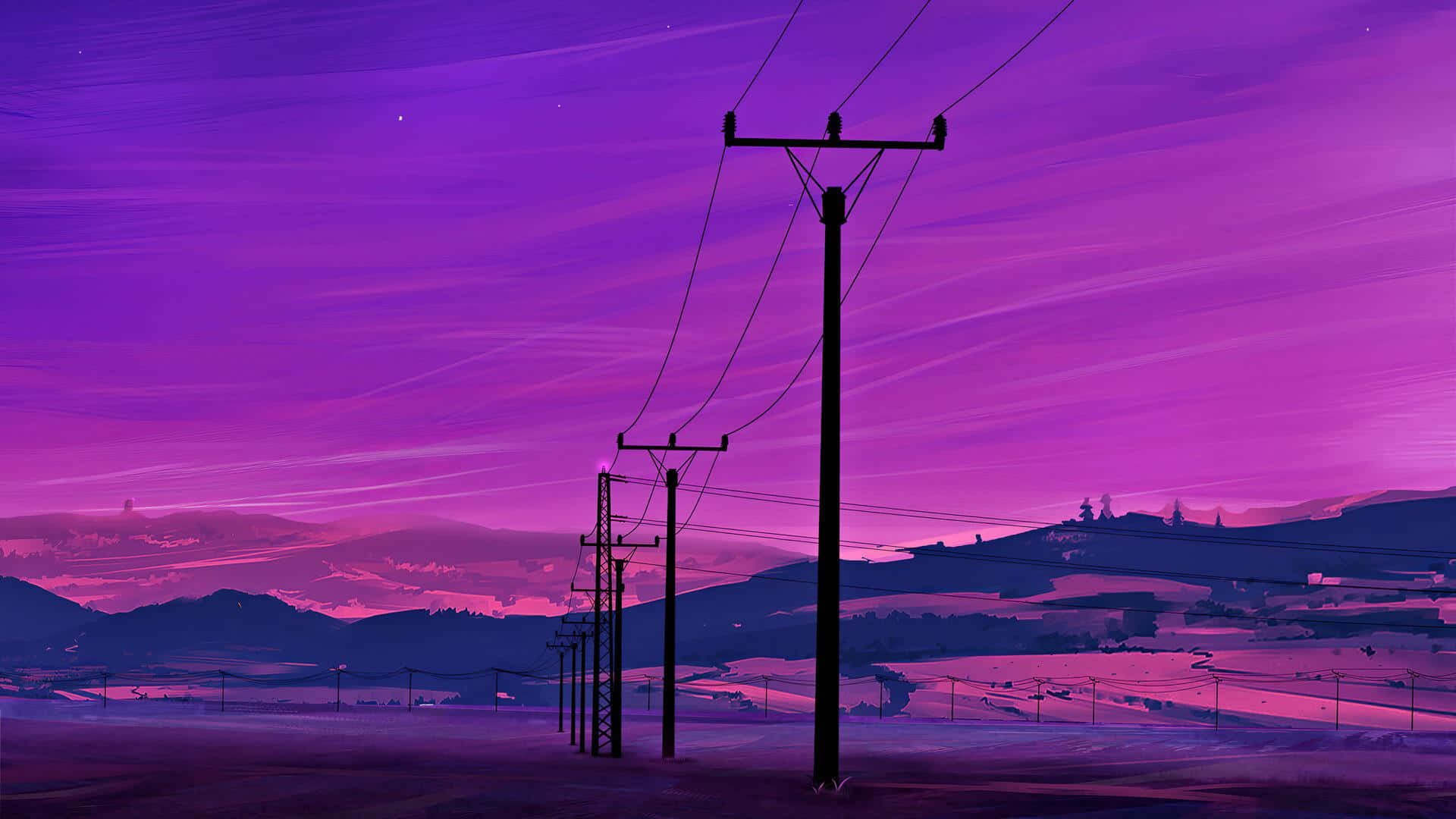 A Purple Sky With A Telephone Pole And Mountains Background