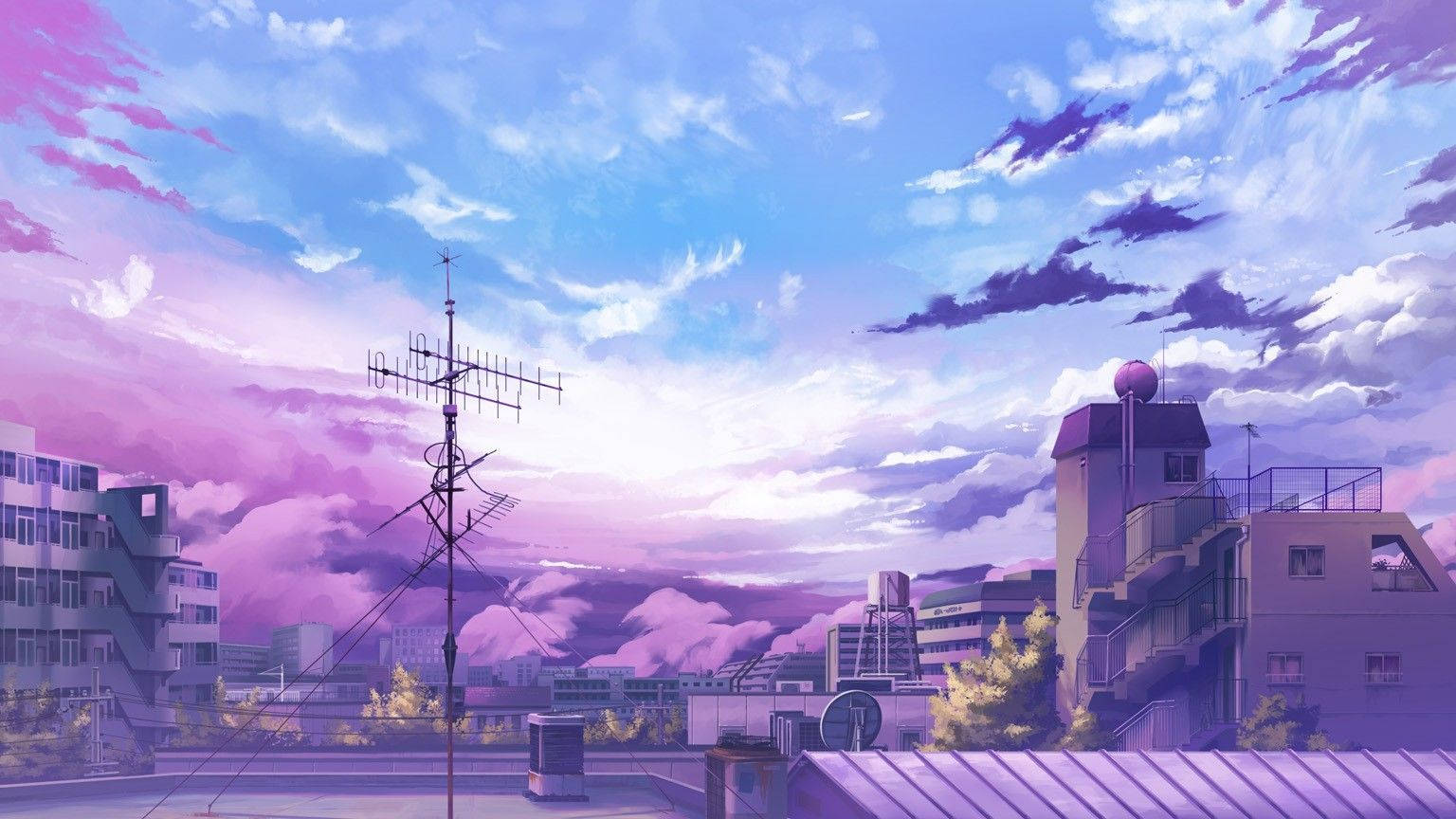 A Purple Sky With Buildings And A Radio Tower Background