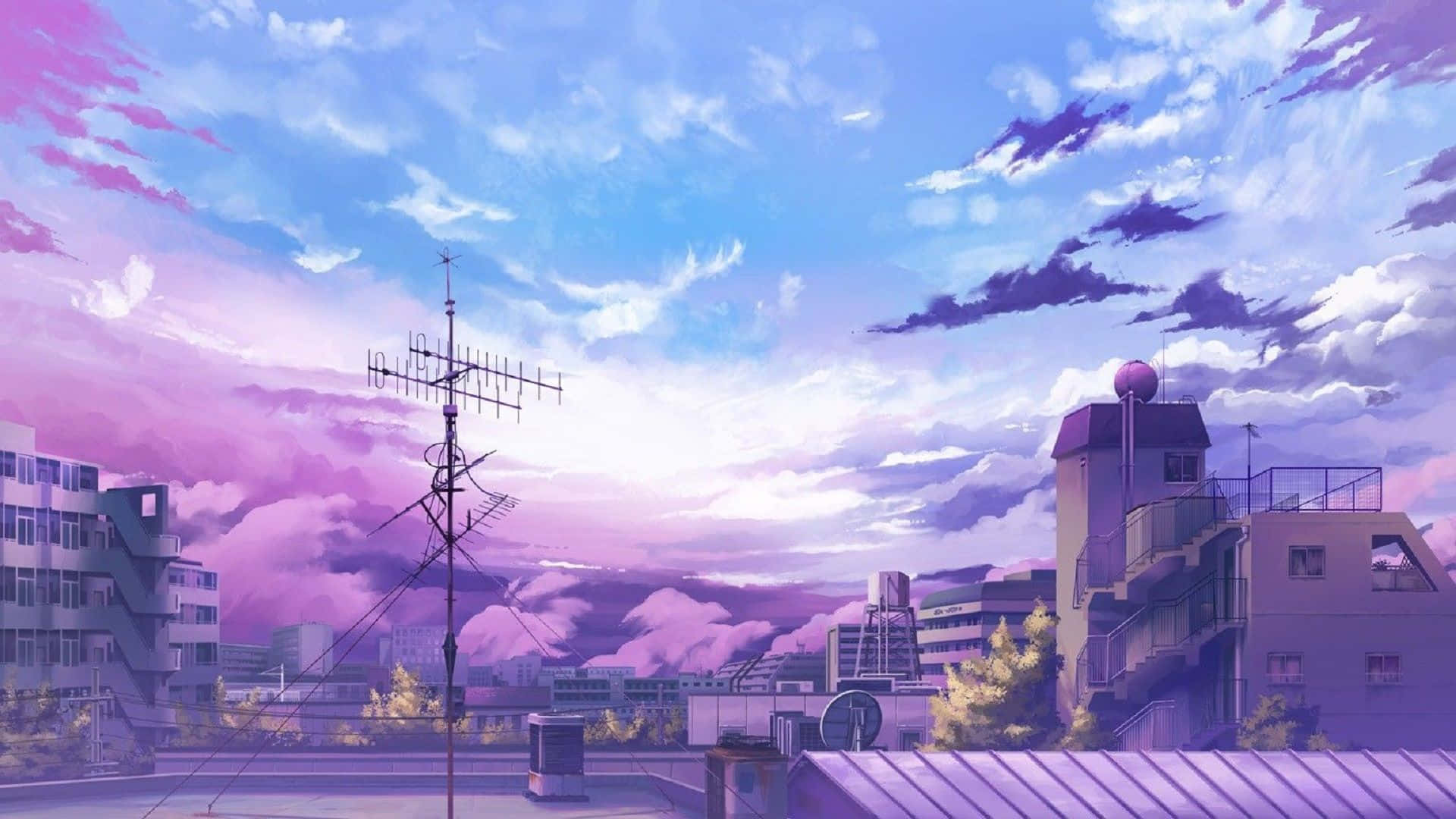 A Purple Sky With Clouds And Buildings Background