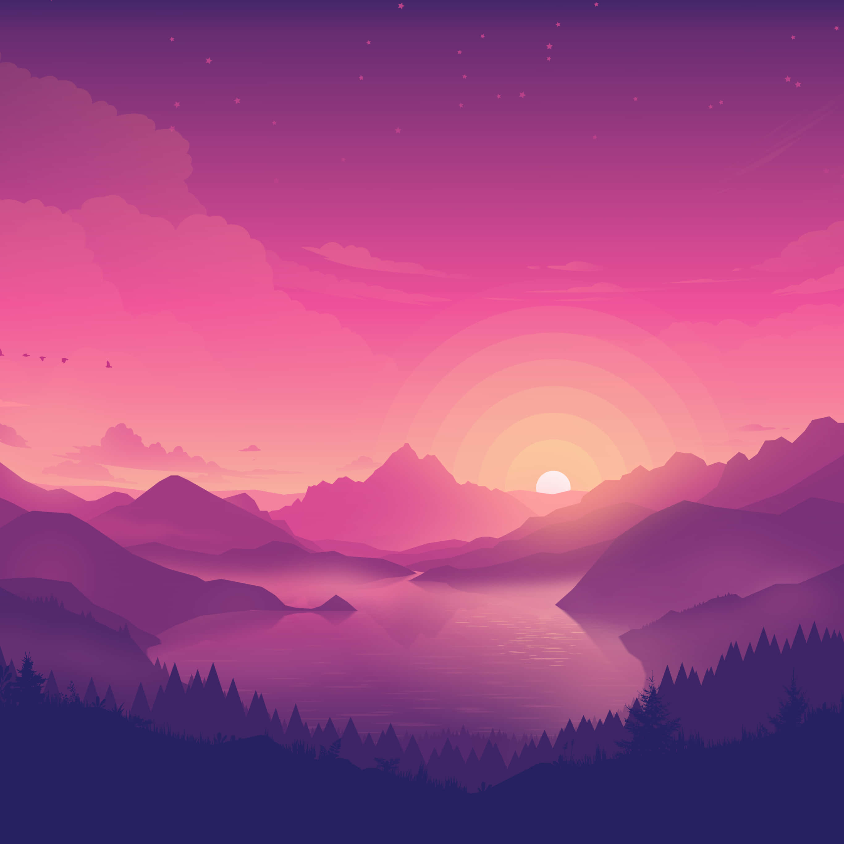 A Purple Sunset With Mountains And A Lake