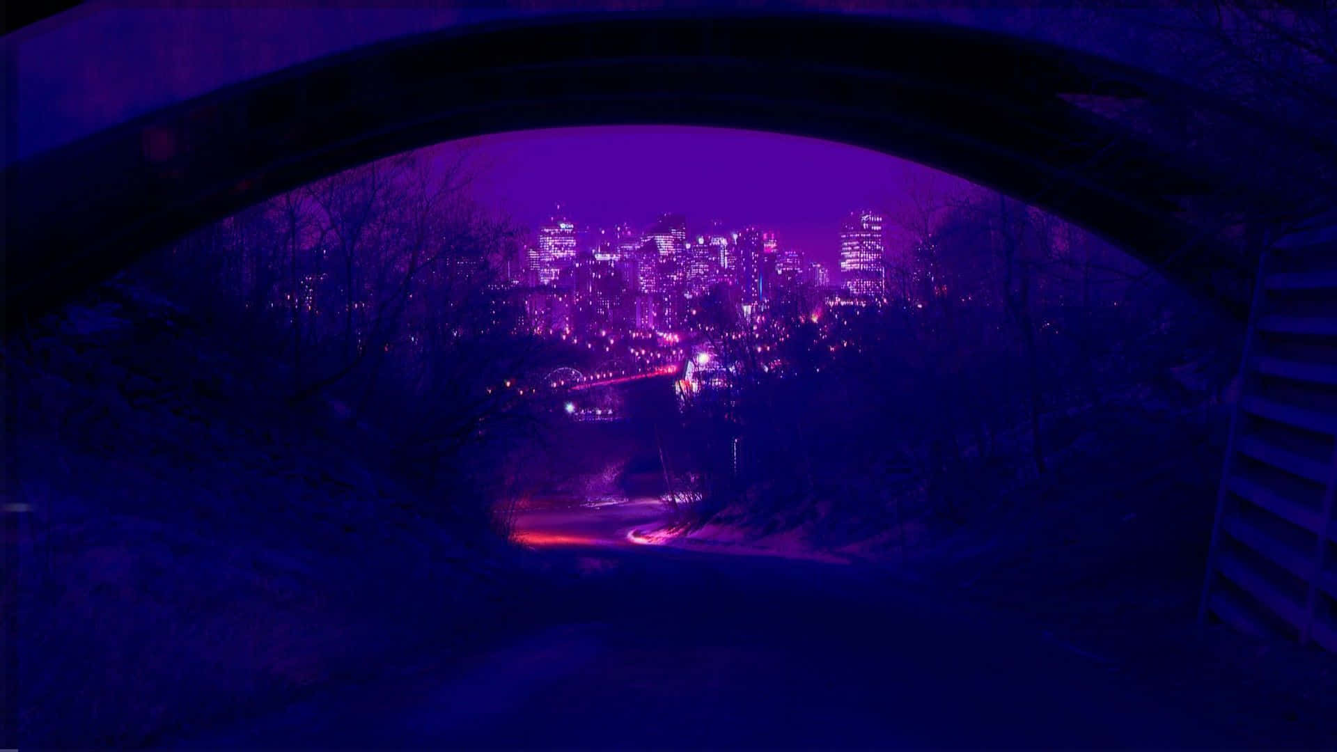 A Purple Tunnel With A City View Background