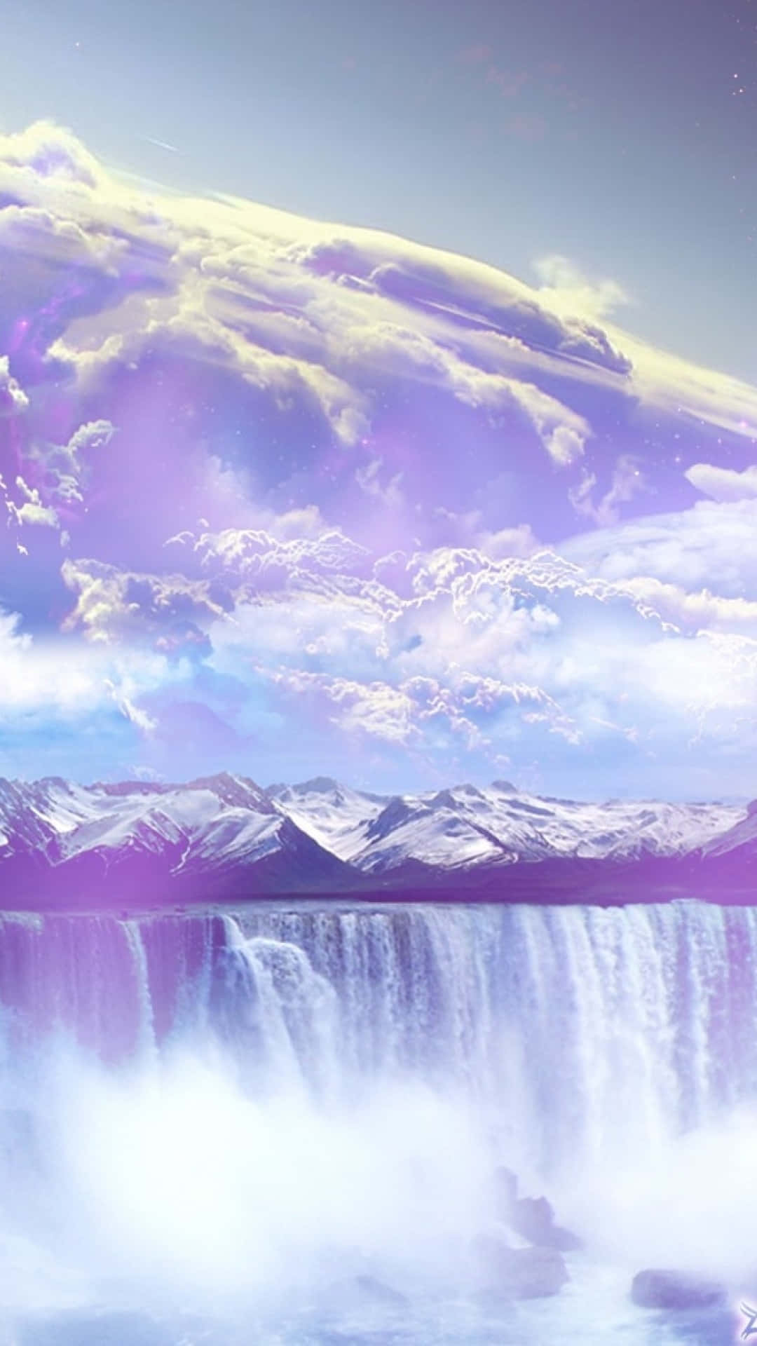 A Purple Waterfall With Clouds And Mountains