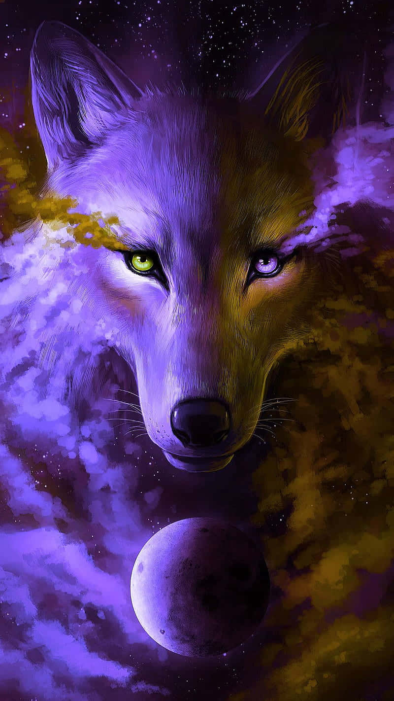 A Purple Wolf With Green Eyes And A Moon In The Background