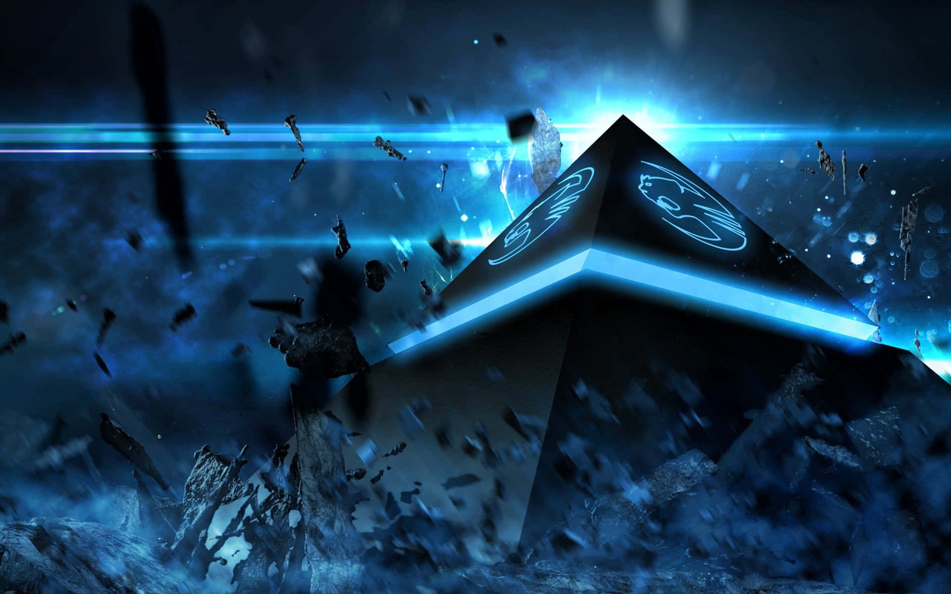 A Pyramid With A Blue Light Shining Through It Background
