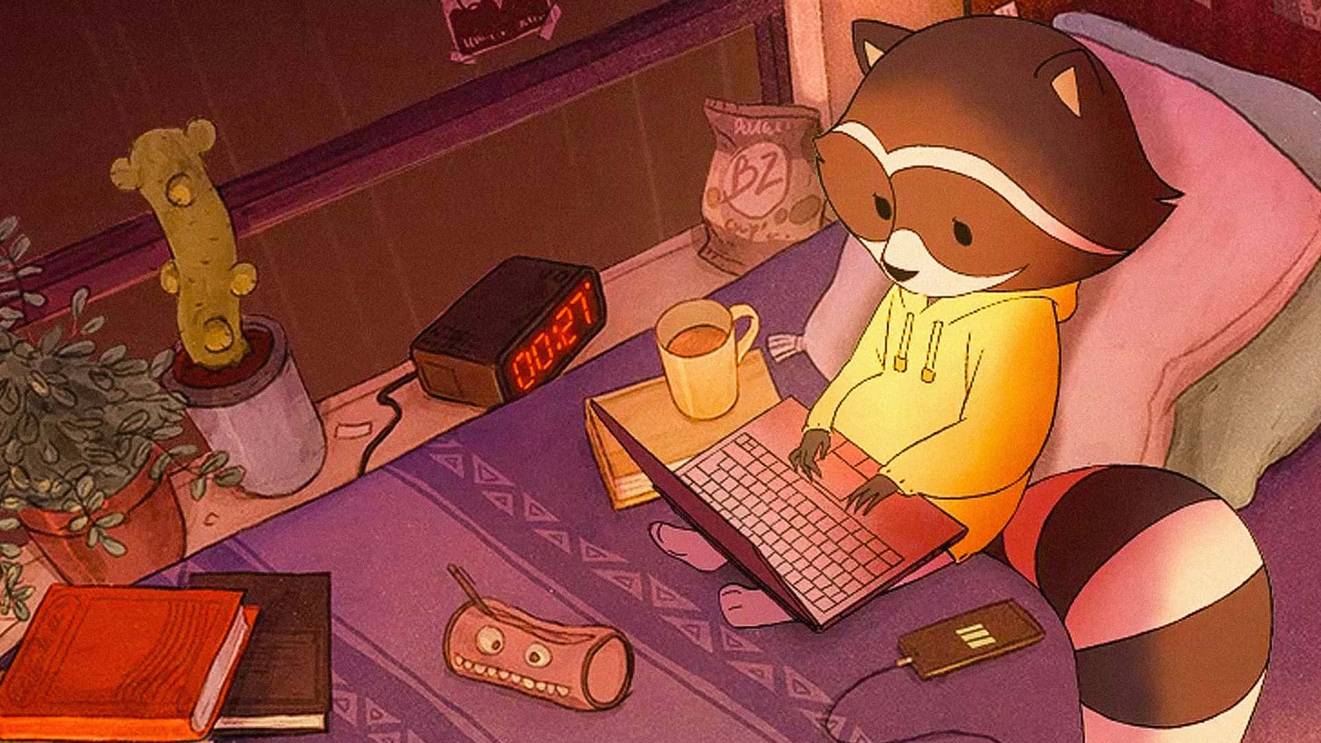 A Raccoon Sitting On A Bed With A Laptop Background