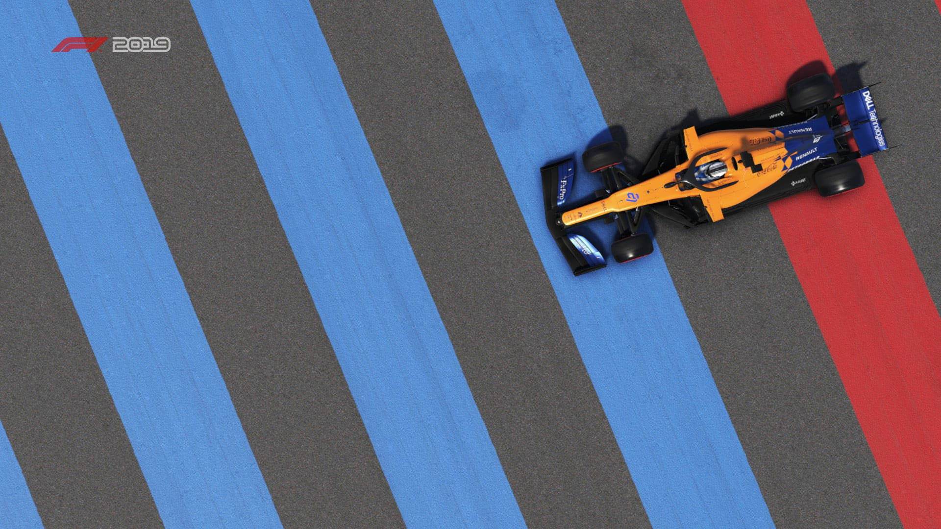 A Racing Car Driving Down A Track With Blue And Red Stripes Background