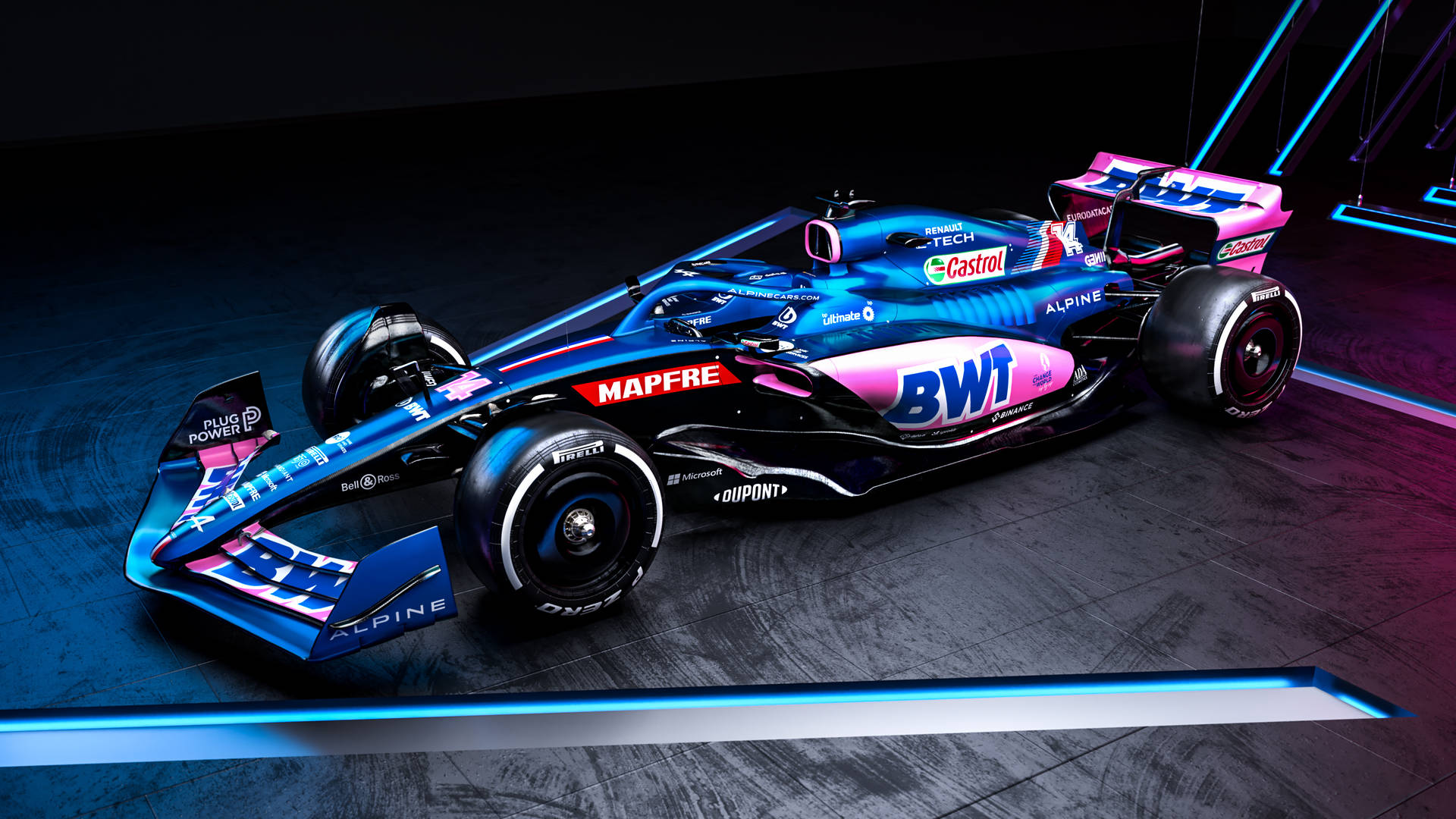 A Racing Car In A Dark Room With Neon Lights Background