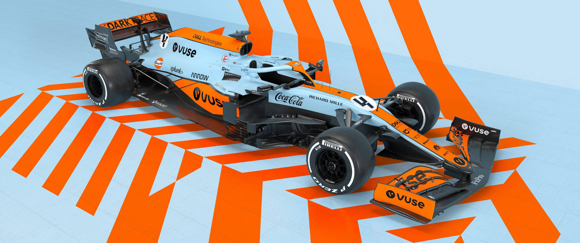 A Racing Car Is Sitting On A White And Orange Background Background