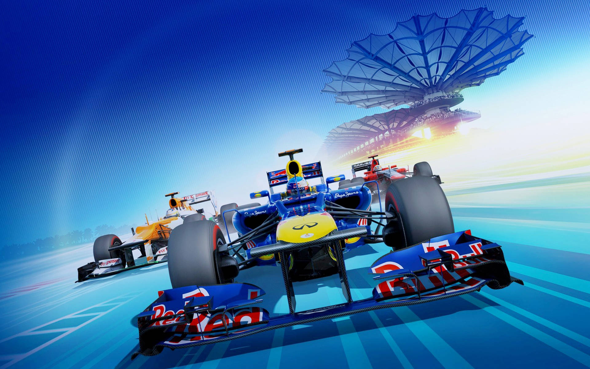 A Racing Game With Two Cars On A Track Background