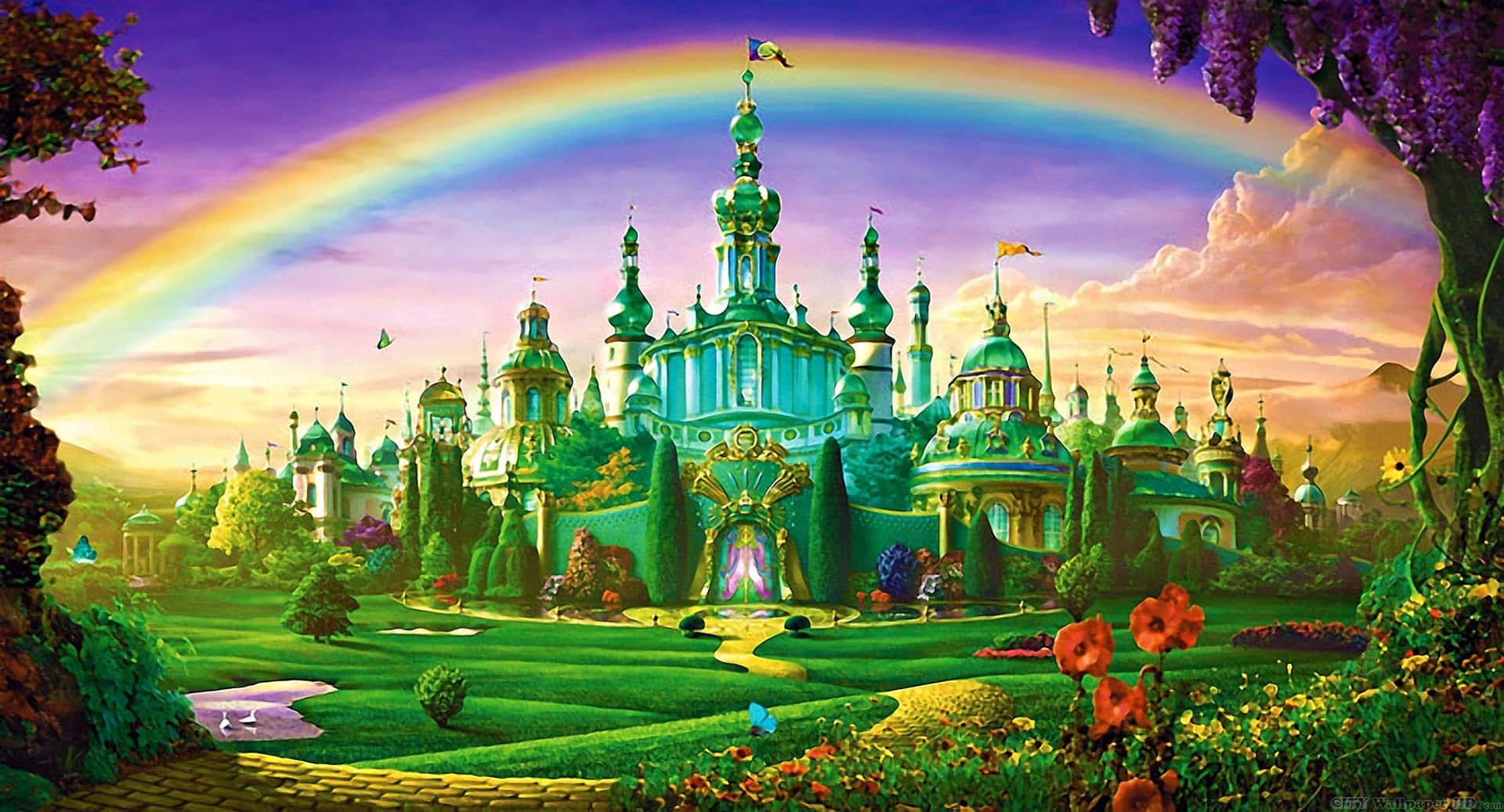 A Rainbow And A Castle In The Middle Of A Field Background