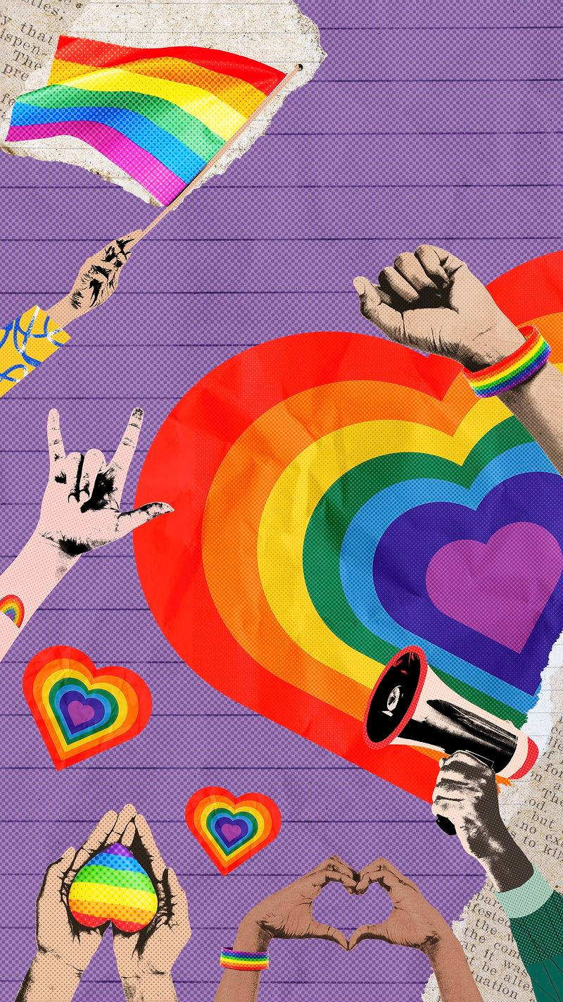 A Rainbow Flag With Hands And Hearts Background