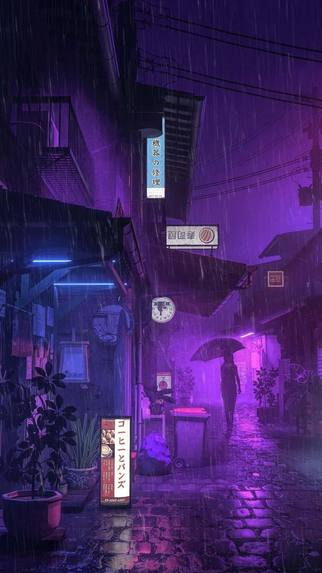 A Rainy Night Scene With A Neon Sign And Umbrella Background