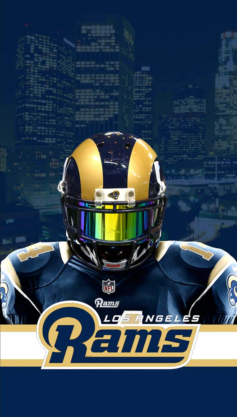 A Rams Player In A Helmet With A City Skyline Behind Him