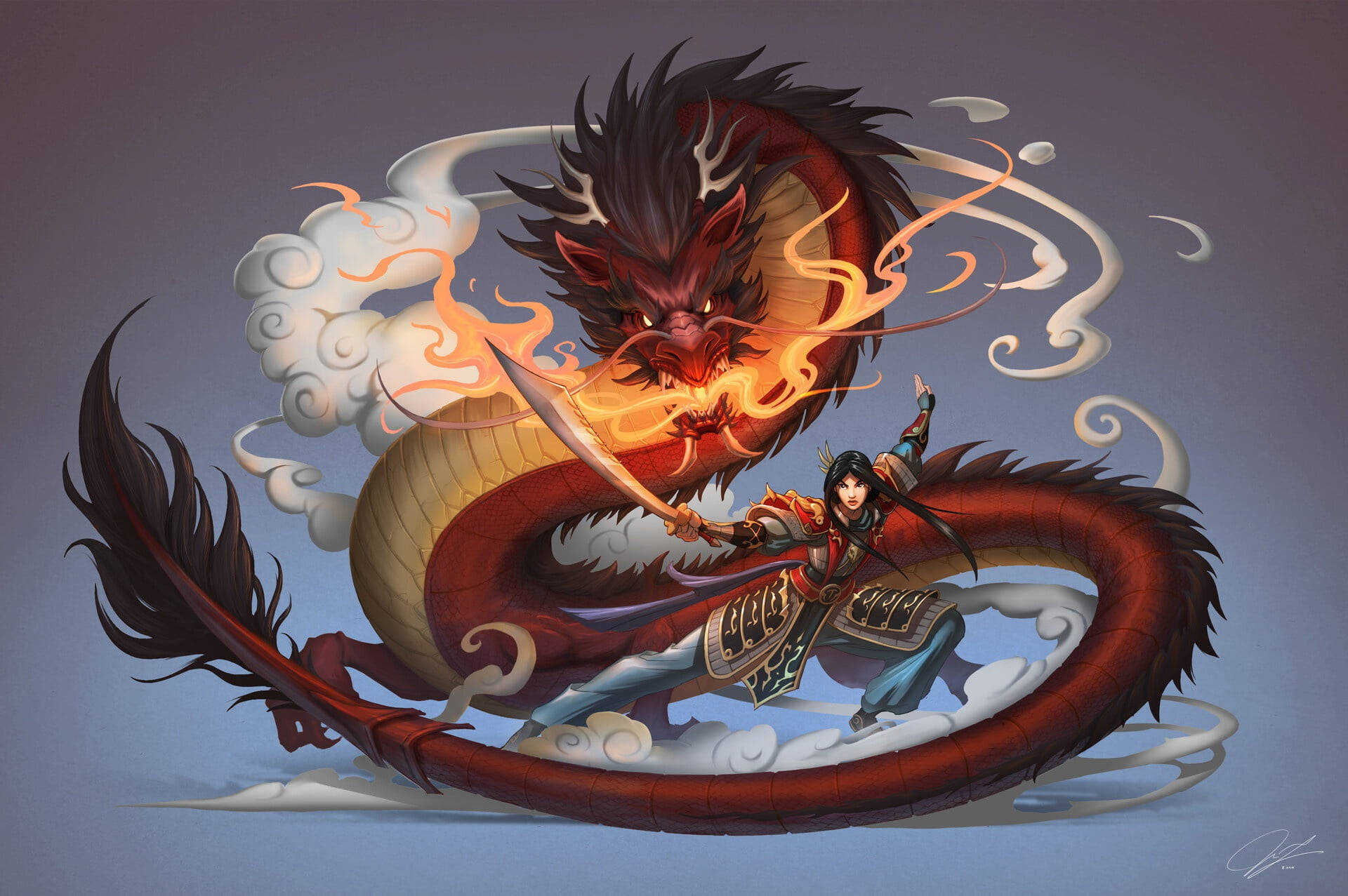 A Realistic Artistic Rendering Of Mulan And Her Famed Guardian Mushu Background
