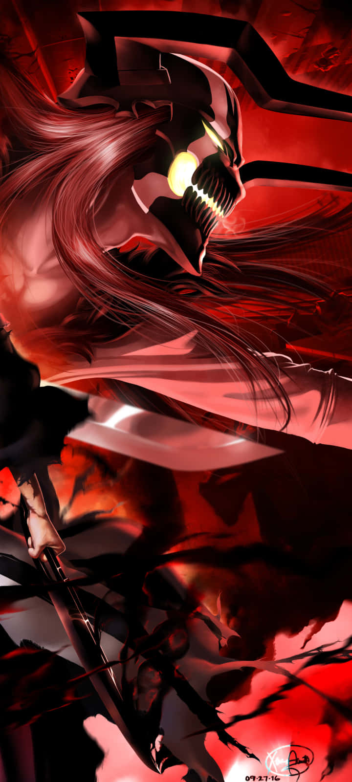 A Red And Black Anime Character With Long Hair