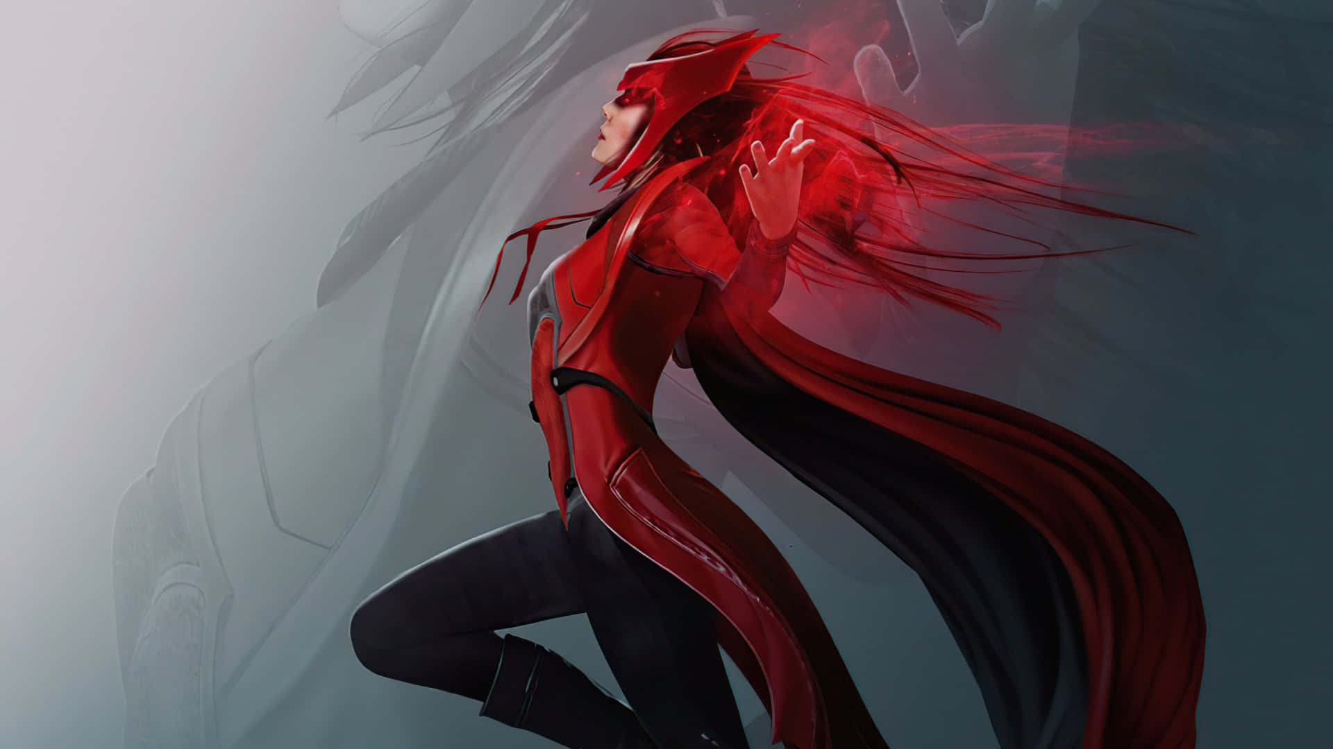 A Red And Black Character With Long Hair Background